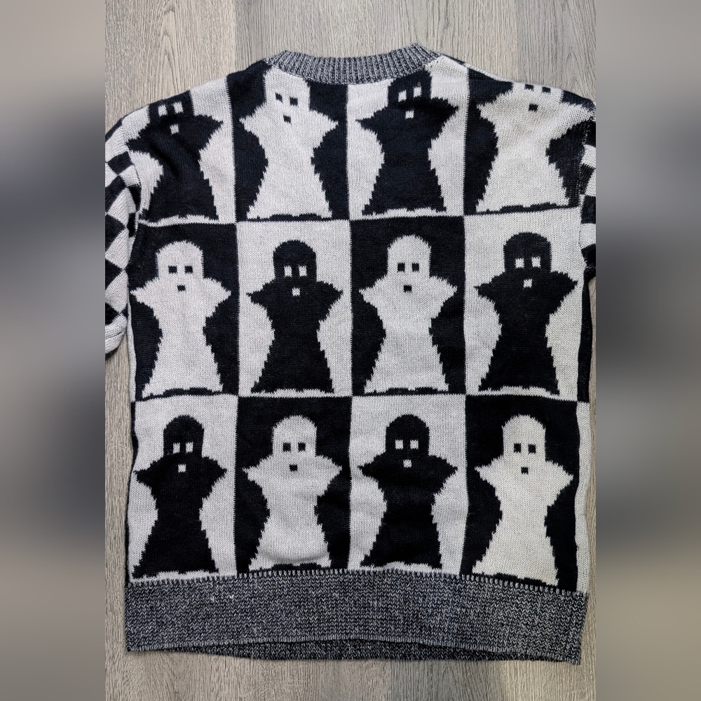 Ghost Checkerboard Sweater Black White Spooky Goth Halloween Knit Large - Picture 3 of 13